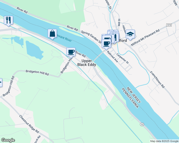 map of restaurants, bars, coffee shops, grocery stores, and more near 1718 Bridge Lane in Upper Black Eddy