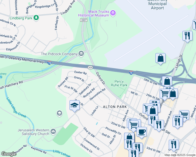 map of restaurants, bars, coffee shops, grocery stores, and more near 3005 Salisbury Drive in Allentown