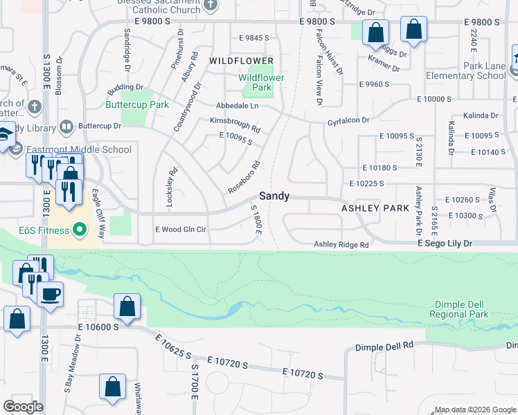 map of restaurants, bars, coffee shops, grocery stores, and more near 10295 South 1800 East in Sandy