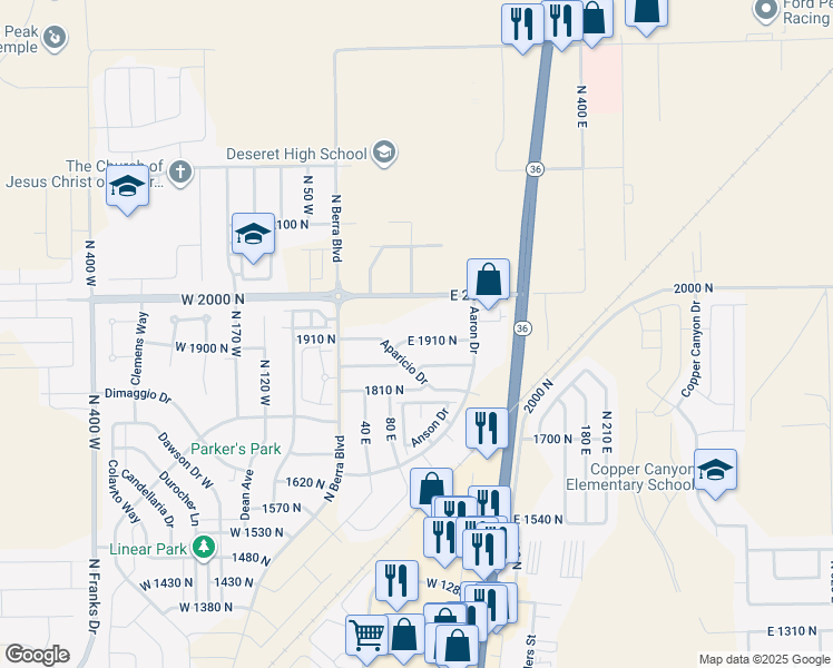 map of restaurants, bars, coffee shops, grocery stores, and more near 127 East 1910 North in Tooele