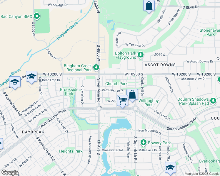 map of restaurants, bars, coffee shops, grocery stores, and more near 4722 Vermillion Drive in South Jordan