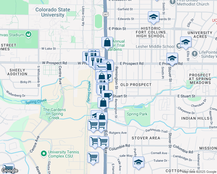 map of restaurants, bars, coffee shops, grocery stores, and more near 1708 South College Avenue in Fort Collins