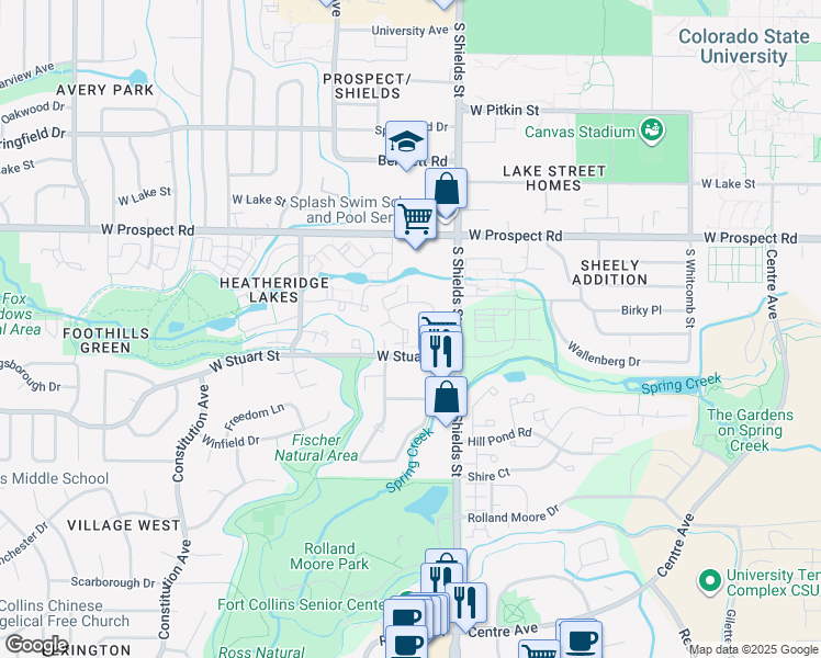 map of restaurants, bars, coffee shops, grocery stores, and more near 1748 Heritage Circle in Fort Collins