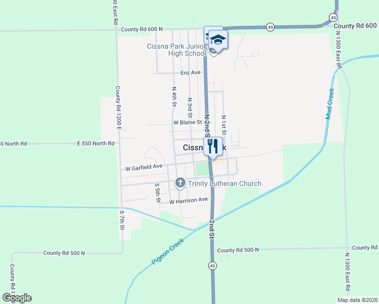 map of restaurants, bars, coffee shops, grocery stores, and more near 103 Railroad Avenue in Cissna Park