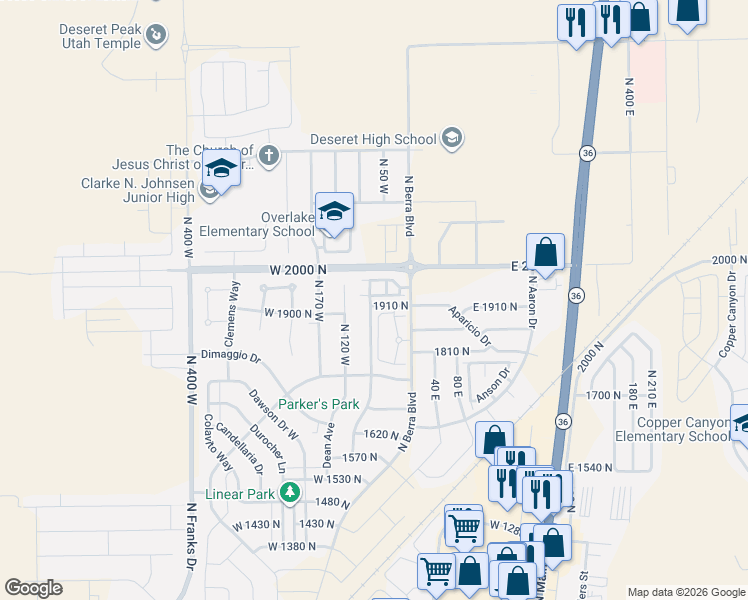 map of restaurants, bars, coffee shops, grocery stores, and more near 69 1930 North in Tooele