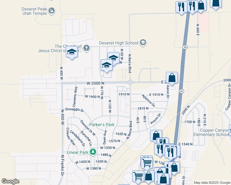 map of restaurants, bars, coffee shops, grocery stores, and more near 81 W 1930 N in Tooele
