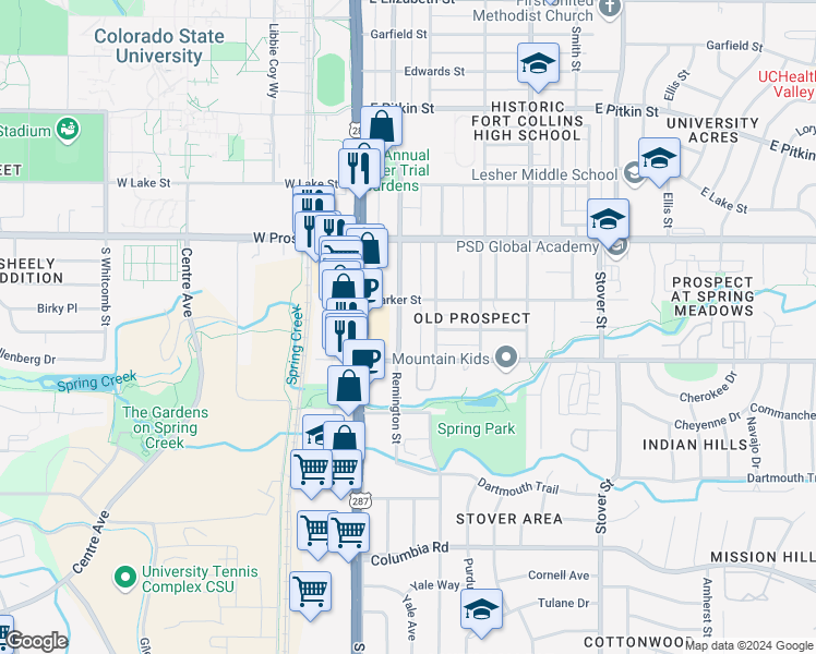 map of restaurants, bars, coffee shops, grocery stores, and more near 1708 Remington Street in Fort Collins
