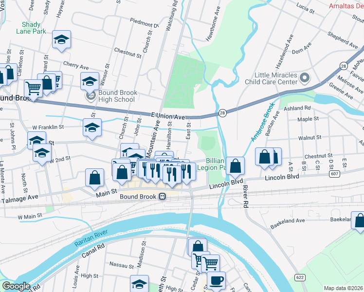 map of restaurants, bars, coffee shops, grocery stores, and more near 422 Somerset Street in Bound Brook