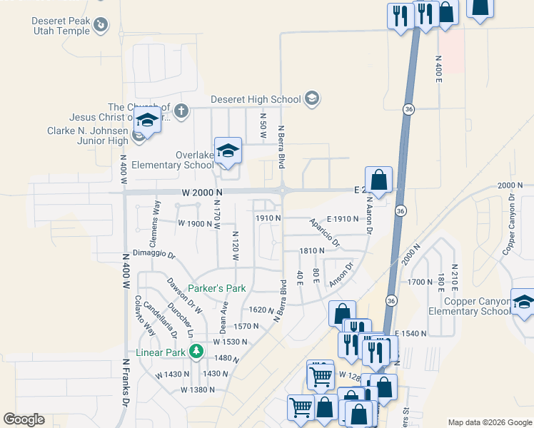 map of restaurants, bars, coffee shops, grocery stores, and more near 39 1930 North in Tooele