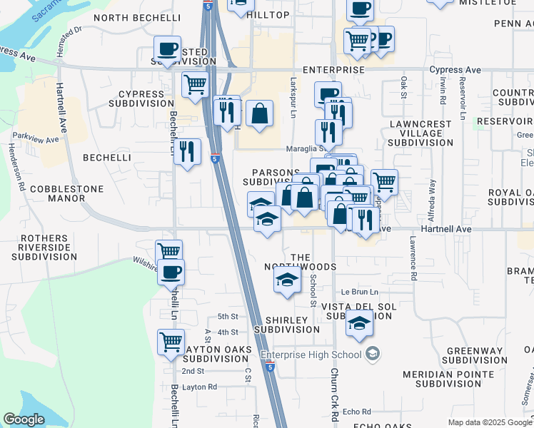 map of restaurants, bars, coffee shops, grocery stores, and more near 750 Hartnell Avenue in Redding