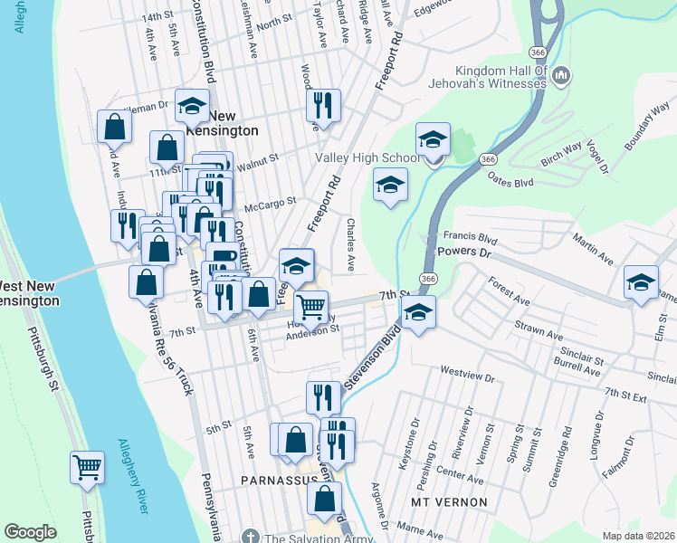 map of restaurants, bars, coffee shops, grocery stores, and more near 202 Highland Avenue in New Kensington