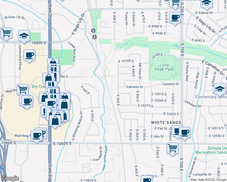 map of restaurants, bars, coffee shops, grocery stores, and more near 10293 South Sandy Willows Cove in Sandy