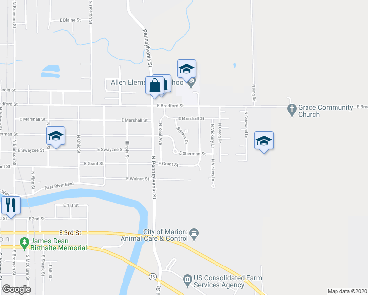 map of restaurants, bars, coffee shops, grocery stores, and more near 301 Brinker Drive in Marion