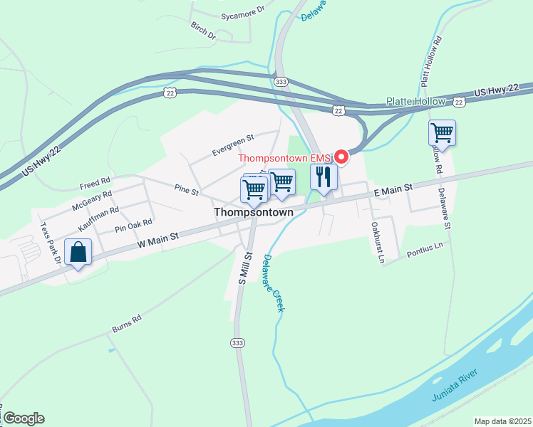 map of restaurants, bars, coffee shops, grocery stores, and more near Pennsylvania 333 in Thompsontown