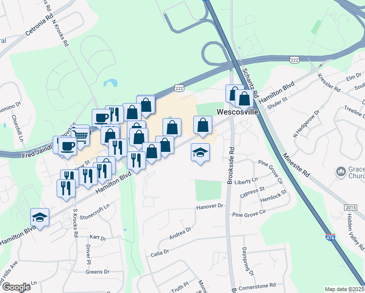 map of restaurants, bars, coffee shops, grocery stores, and more near 5160 Hamilton Blvd in Allentown