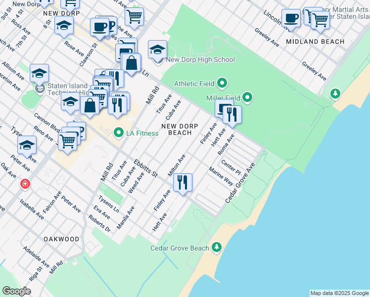 map of restaurants, bars, coffee shops, grocery stores, and more near 99 Milton Ave in Staten Island