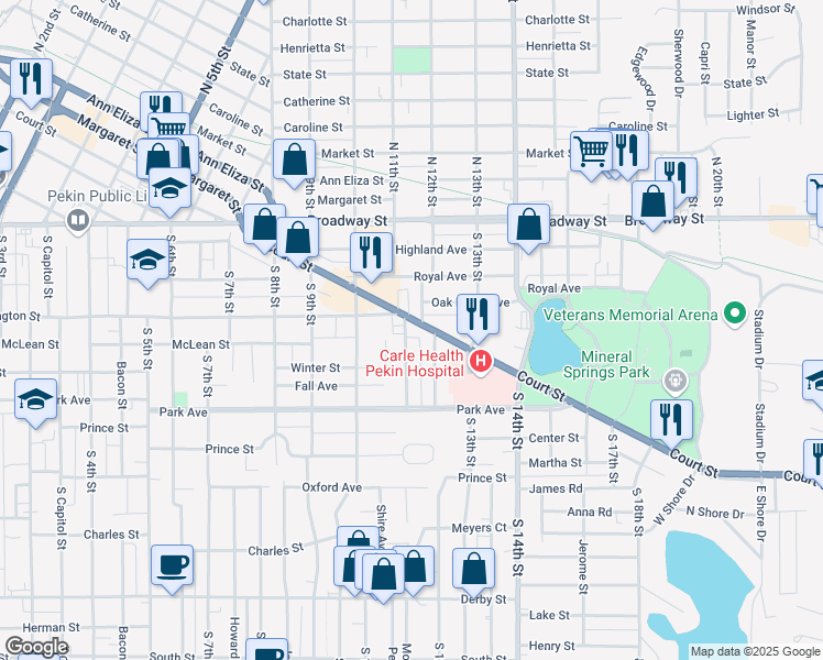 map of restaurants, bars, coffee shops, grocery stores, and more near 612 South 11th Street in Pekin