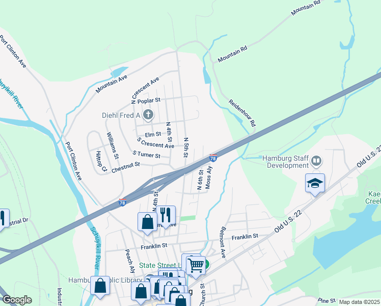 map of restaurants, bars, coffee shops, grocery stores, and more near 545 North 5th Street in Hamburg