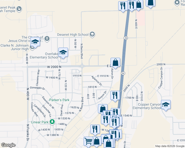 map of restaurants, bars, coffee shops, grocery stores, and more near 47 Aparicio Drive in Tooele