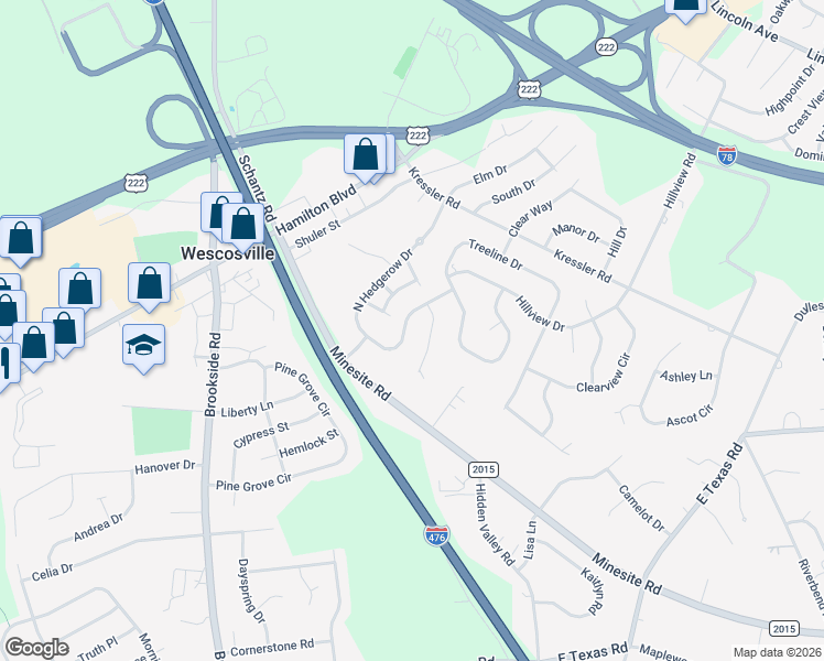 map of restaurants, bars, coffee shops, grocery stores, and more near 4871 South Hedgerow Drive in Allentown