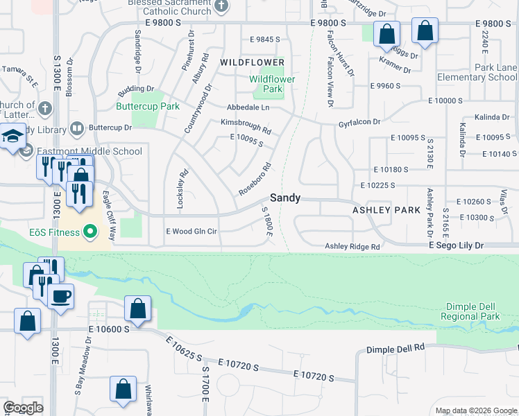 map of restaurants, bars, coffee shops, grocery stores, and more near 10295 South 1800 East in Sandy