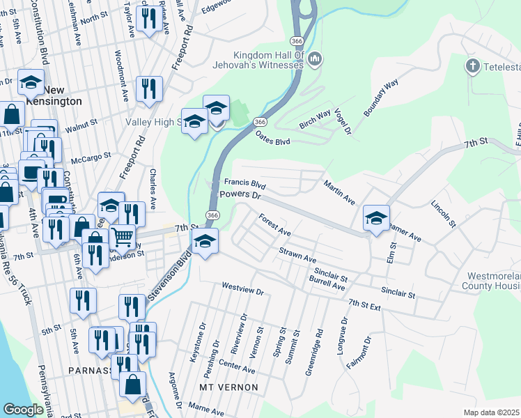 map of restaurants, bars, coffee shops, grocery stores, and more near 1111 Forest Avenue in New Kensington