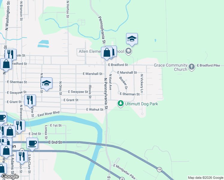 map of restaurants, bars, coffee shops, grocery stores, and more near 302 North Keal Avenue in Marion