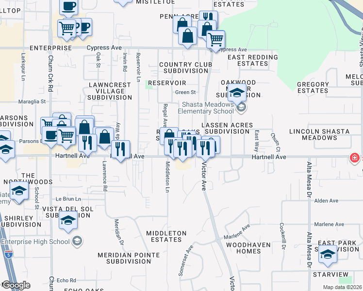 map of restaurants, bars, coffee shops, grocery stores, and more near 2949 Fairway Avenue in Redding
