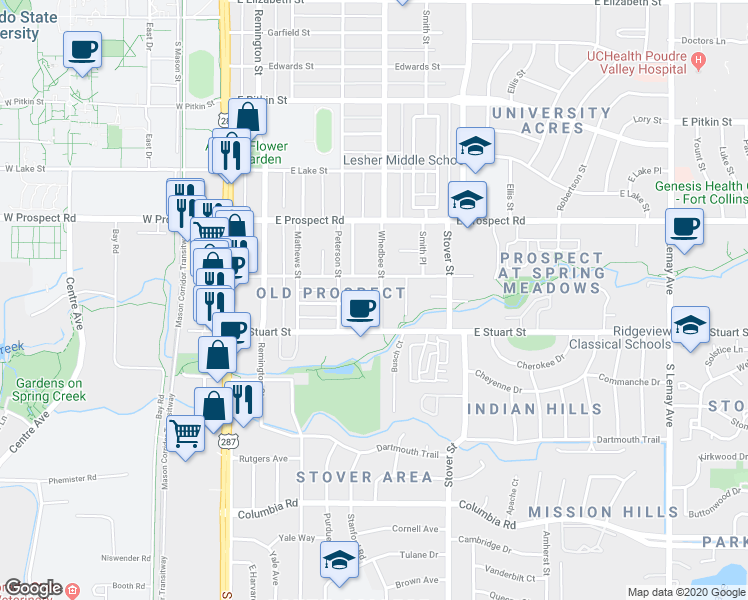 map of restaurants, bars, coffee shops, grocery stores, and more near 1719 Whedbee Street in Fort Collins