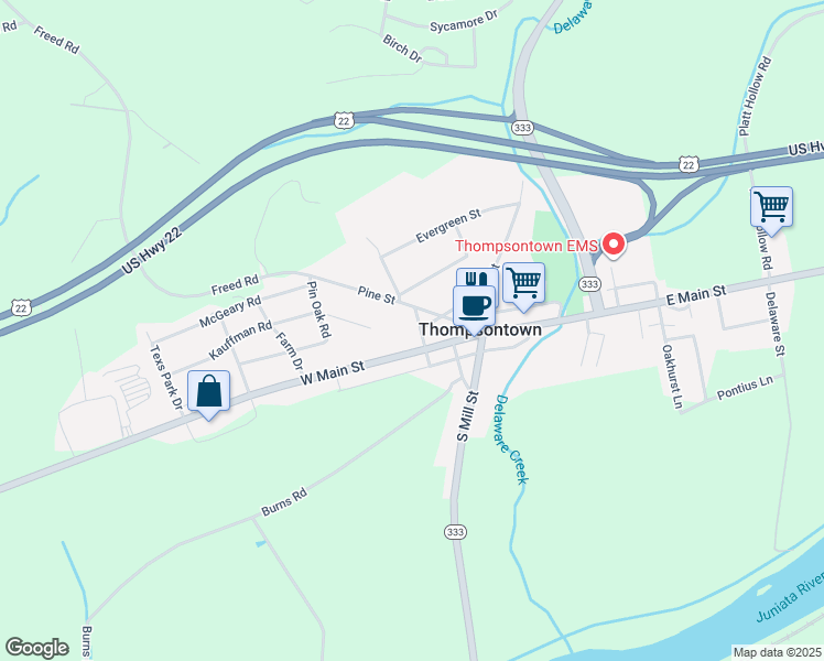 map of restaurants, bars, coffee shops, grocery stores, and more near 47 Locust Street in Mifflintown