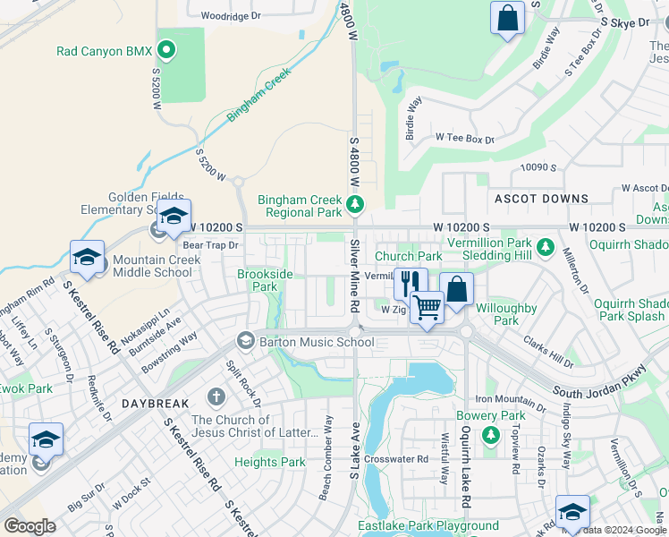 map of restaurants, bars, coffee shops, grocery stores, and more near 4842 Vermillion Drive in South Jordan