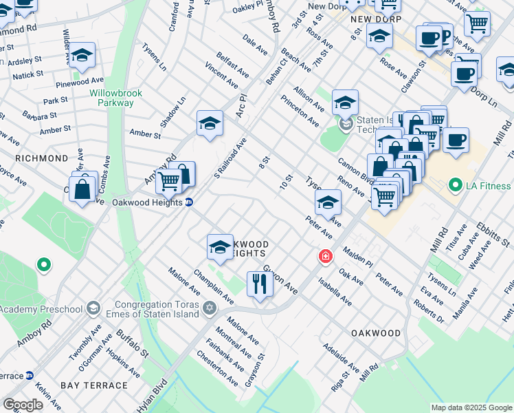 map of restaurants, bars, coffee shops, grocery stores, and more near 6 Leeds Street in Staten Island