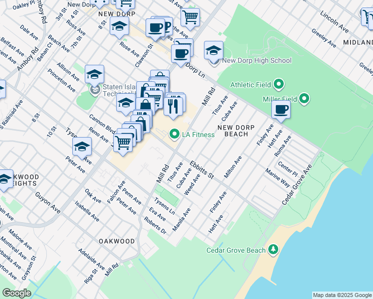 map of restaurants, bars, coffee shops, grocery stores, and more near 169 Titus Avenue in Staten Island