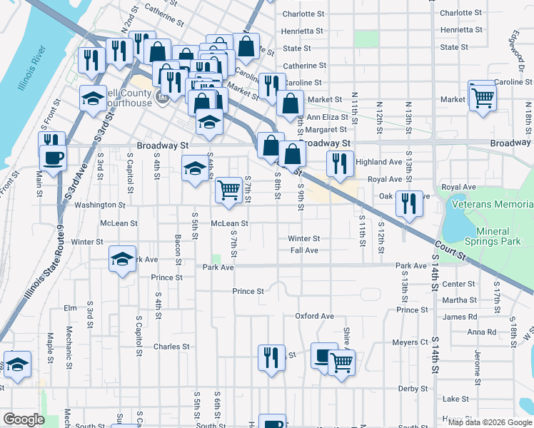 map of restaurants, bars, coffee shops, grocery stores, and more near 710 Washington Street in Pekin