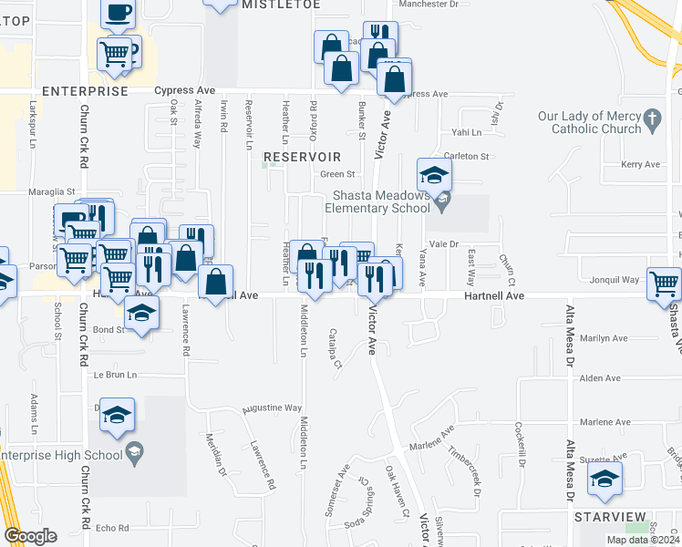 map of restaurants, bars, coffee shops, grocery stores, and more near 2952 Robert Court in Redding