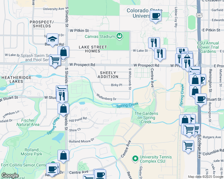 map of restaurants, bars, coffee shops, grocery stores, and more near 1904 Sheely Drive in Fort Collins