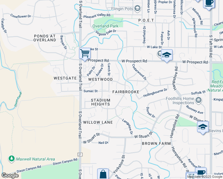 map of restaurants, bars, coffee shops, grocery stores, and more near 1727 Holly Way in Fort Collins