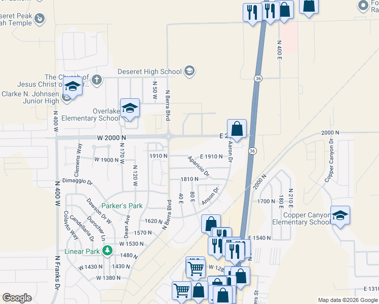 map of restaurants, bars, coffee shops, grocery stores, and more near 47 Aparicio Drive in Tooele