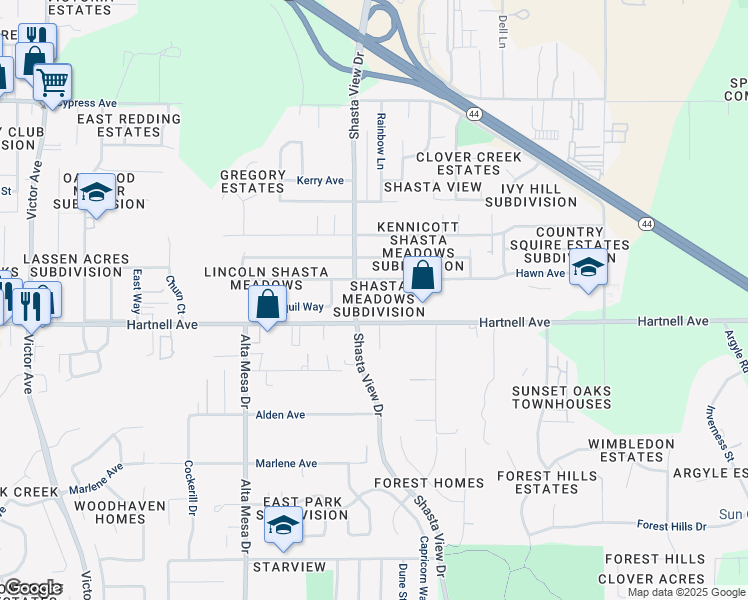 map of restaurants, bars, coffee shops, grocery stores, and more near in Redding