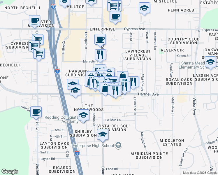 map of restaurants, bars, coffee shops, grocery stores, and more near 1074 Hartnell Avenue in Redding