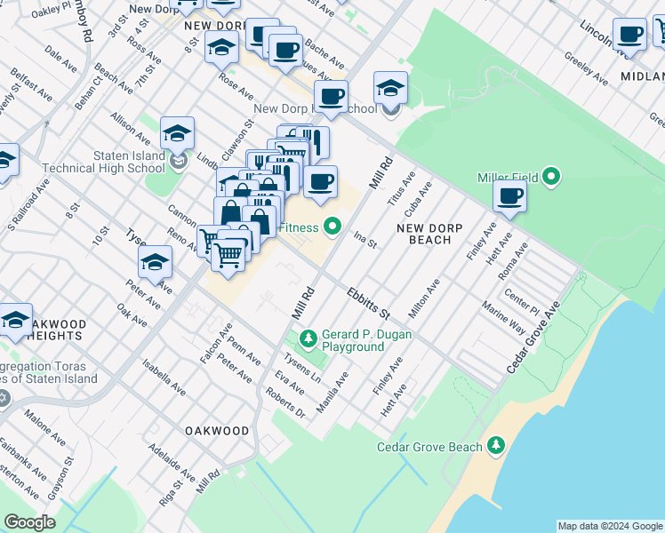 map of restaurants, bars, coffee shops, grocery stores, and more near 169 Titus Avenue in Staten Island
