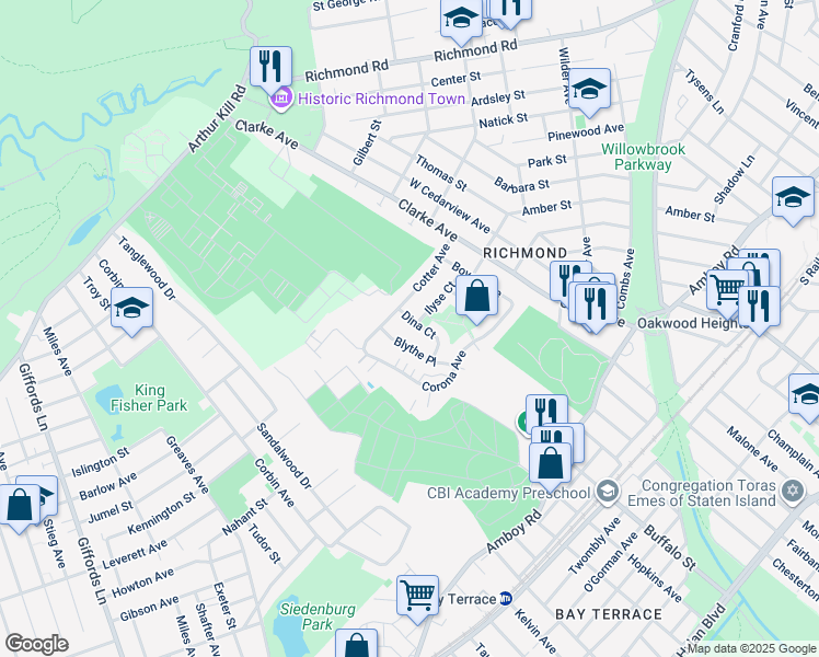 map of restaurants, bars, coffee shops, grocery stores, and more near 22 Dina Court in Staten Island