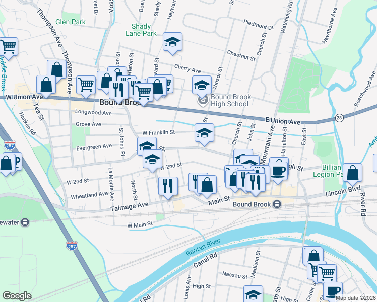 map of restaurants, bars, coffee shops, grocery stores, and more near 124 West High Street in Bound Brook