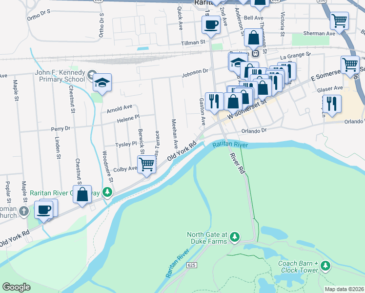 map of restaurants, bars, coffee shops, grocery stores, and more near 11 Meehan Avenue in Raritan