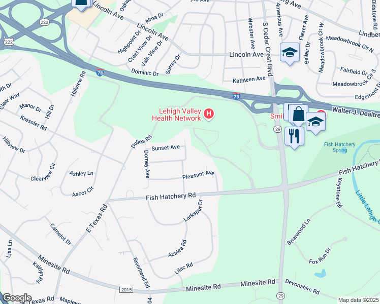 map of restaurants, bars, coffee shops, grocery stores, and more near 3604 Sunset Avenue in Allentown