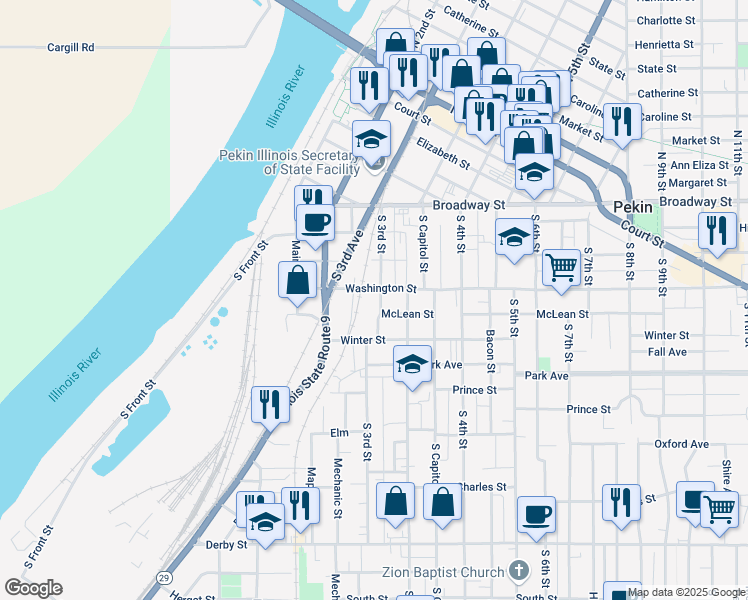 map of restaurants, bars, coffee shops, grocery stores, and more near 609 South 3rd Street in Pekin