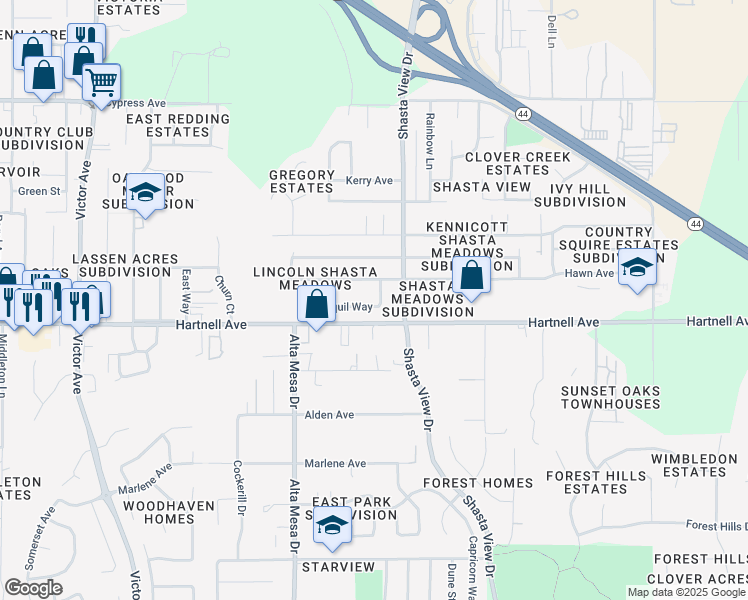 map of restaurants, bars, coffee shops, grocery stores, and more near 2378 Jonquil Way in Redding