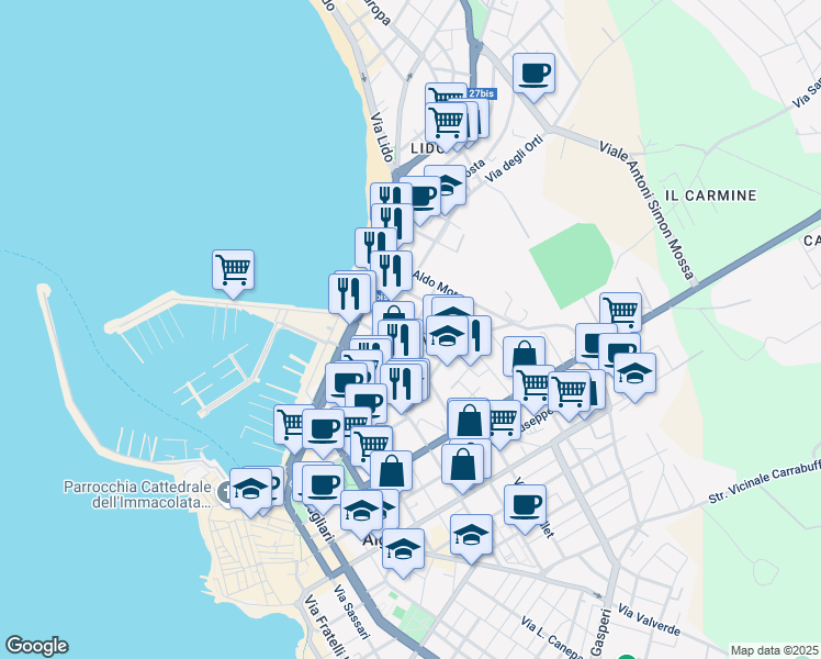 map of restaurants, bars, coffee shops, grocery stores, and more near 23 Via Goceano in Alghero