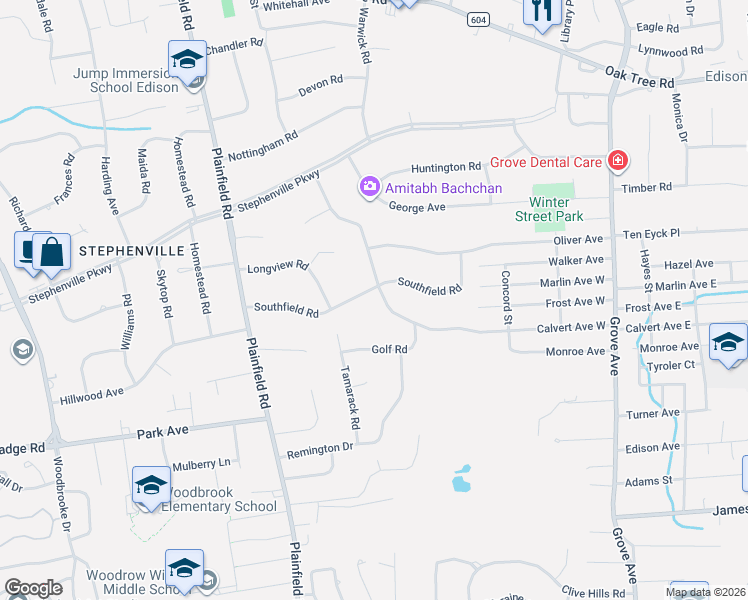 map of restaurants, bars, coffee shops, grocery stores, and more near 15 Southfield Road in Edison