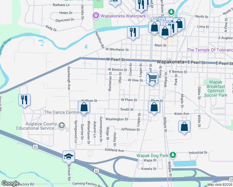 map of restaurants, bars, coffee shops, grocery stores, and more near 605 Ohio St in Wapakoneta